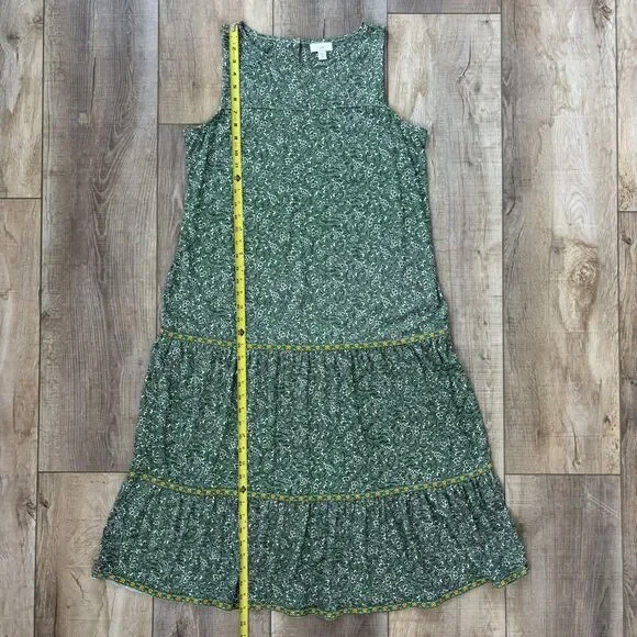 J Jill Tiered Midi Green Floral Dress Size M Petite Spring Boho Cottage Prairie - Picture 10 of 13